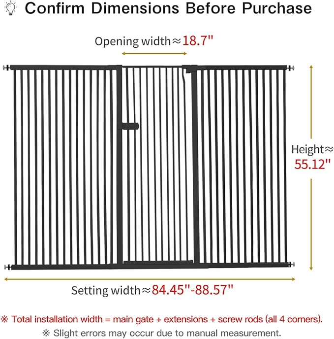 Lumizone Extra Tall Cat Gate 55.12" High Pressure Mounted Extra Wide 2025 New (17 Sizes) 1.37" Gap No Drilling Auto-Close One-Handed Operation Tall Pet Gate for Dogs(Black, 55.12" H x 84.45"-88.57" W)