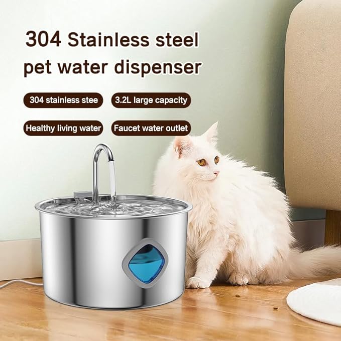 Cat Water Fountain Stainless Steel, 108oz/3.2L Automatic Pet Fountain with Multi-Filtration System, Ultra-Quiet Pump (<25dB), Water Level Window & Easy Clean