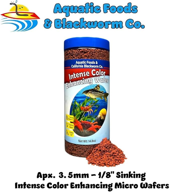 Aquatic Foods Inc. 3.5mm - 1/8" Micro Sinking Color Enhancing Wafers for Bottom Fish, Plecos, Catfish, Shrimp, Snails, All Tropical Fish, 4-Type Wafer & 12-Type Pellet Mix Included..1-lb 4oz Canister