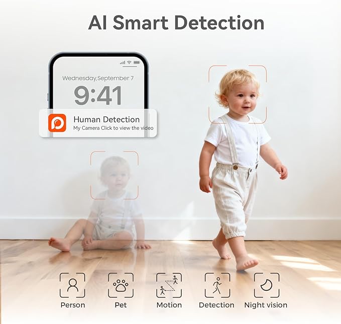 Indoor Camera for Home, 3MP Indoor Camera no Subscription Baby Monitor for Google TV Display, No Monthly Fee, 2-Way Audio, Night Vision,Human Motion Pet Detection with Free 64GB Card