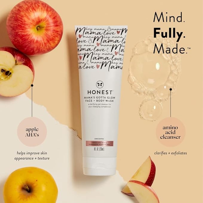 The Honest Company New Mama Care Essentials Gift Set, Hospital Bag Must Haves, Travel Size Nip Balm (0.5 oz) Glow On Body Cream (1 Gotta Face Wash (1.75 fl) with Reusable Pouch