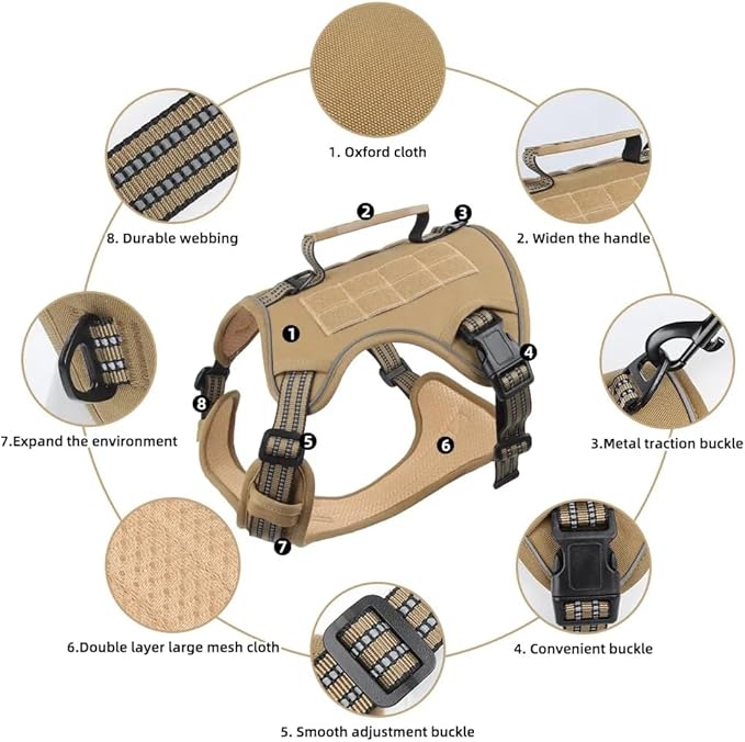 Tactical Dog Harness with Leash for Large Dogs, No Pull Adjustable Dog Harness, Reflective K9 Working Pet Vest for Walking, Training (Khaki, XL)