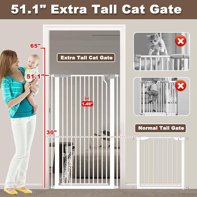Fairy Baby 51.18" High Extra Tall Cat Gate, 29.5"-40.5" Wide Baby Gate for Stairs No Drill, Metal Auto Close Child Safety Gate Dog Gates for Doorways Pressure Mounted Walk Thru Swing Pet Gate, White