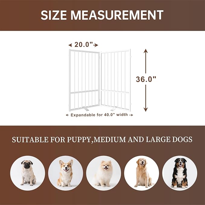 2 Panels Full Metal Freestanding Dog Gates, 40” W x 36” H Folding Pet Gate Fence with Support Feet for Indoor,Stairs, Hallways and Doorways(White)