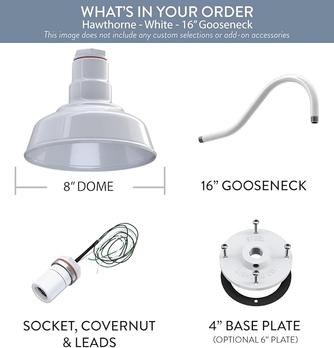 Steel Lighting Co. | Dusk to Dawn | Hawthorne Barn Light | Outdoor Wall Mounted | 8 in Dome | 16 inch Gooseneck| Small Farmhouse Light Made in America | White Exterior/White Interior