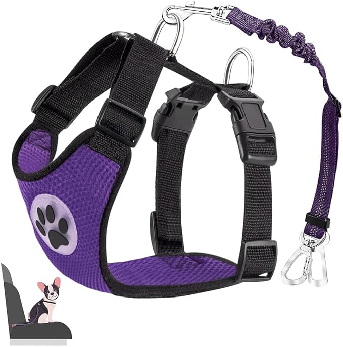 Lukovee Dog Seat Belt - Adjustable Dog Car Harness for Large, Medium, Small Dogs - Soft Padded & Breathable Mesh Dog Seatbelt with Vehicle Connector Strap (Purple Double Clip, X-Small)