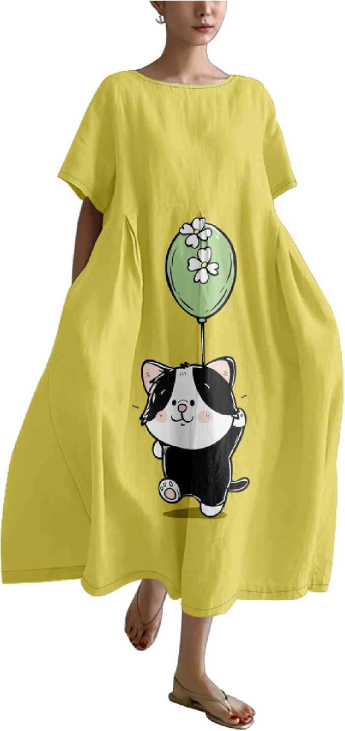 MARSVOVO Summer Dress for Women Funny Cat Graphic Cute Short Sleeve Maxi Dress Causal Plus Size Party Dress for Women