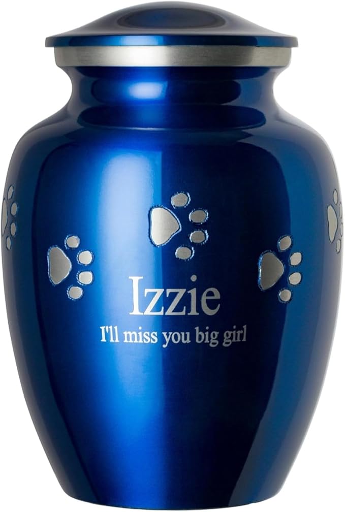 Pet Urn for Dogs and Cats with Personalized Laser Engraving, Ottillie Paws Premier Series Memorial Urns (X-Large Sapphire Blue with Horizontal Pewter Paws)