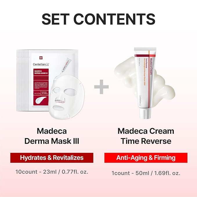 CENTELLIAN 24 Madeca Cream Time Reverse 50ml + Madeca Derma Mask 3(Intensive) 10pc – Hydrating, Firming, Wrinkle Care Set with Centella Asiatica, TECA & Madecassoside for nourished, soothed