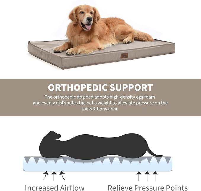 Outdoor Extra Large Dog Bed, Jumbo Waterproof Dog Bed for Large Dogs, Orthopedic Egg Crate Foam Pet Mat with Removable Oxford Cooling Cover, Khaki