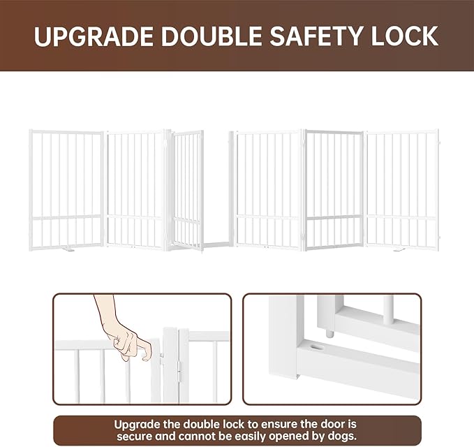 6 Panels Full Metal Freestanding Dog Gates with Door, 120” W x 32” H Folding Pet Gate Fence with Support Feet for Indoor,Stairs, Hallways and Doorways(White)