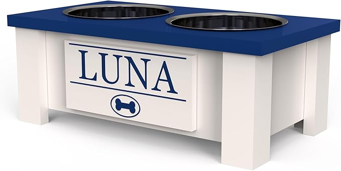GTW Personalized Elevated Dog Bowl Stand for Large, Medium, Small, X-Small Dogs - Stainless Steel Food and Water Bowls - Raised Dog Dish with Internal Storage (Small, Blue)