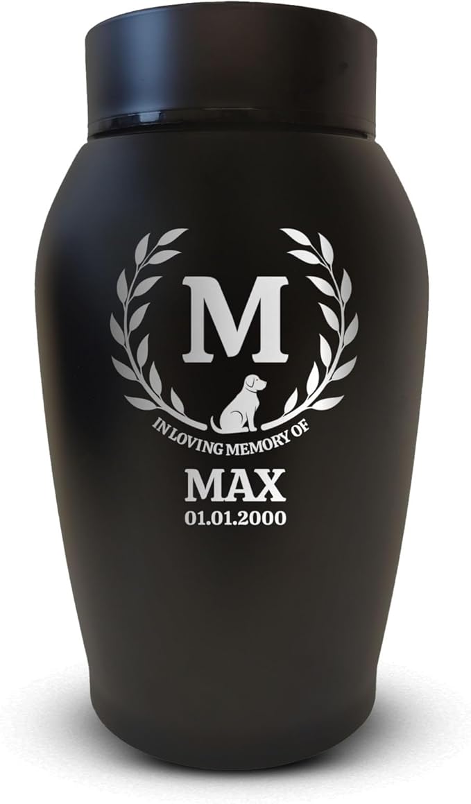 Personalized Custom Small Keepsake Urn Engraved with Pet Name, Date, and Dog Design - 5.2" Black Powder Coated Steel Cremation Urn for Dogs Ashes | 12-16 lb Capacity, Leaves Border