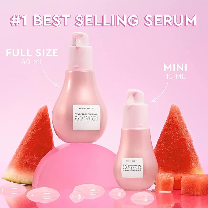 Glow Recipe Watermelon Niacinamide Dew Drops, Travel Size, Korean Niacinamide Serum Drops, Hydrating Face Serum + Primer & Liquid Highlighter, Hyaluronic Acid, Dewy Glow (15ml)