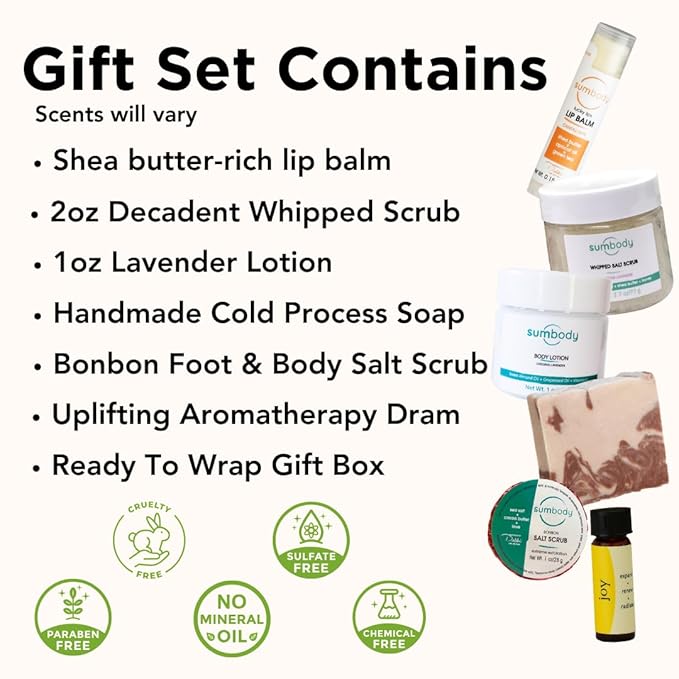Sumbody Self Care Gifts 6pc Aromatherapy Body Care Set USA Made Women Men Teens Happy Birthday Box Spa Gift Basket Valentines Day Appreciation Vacation Essentials Bridal Shower Stocking Stuffer