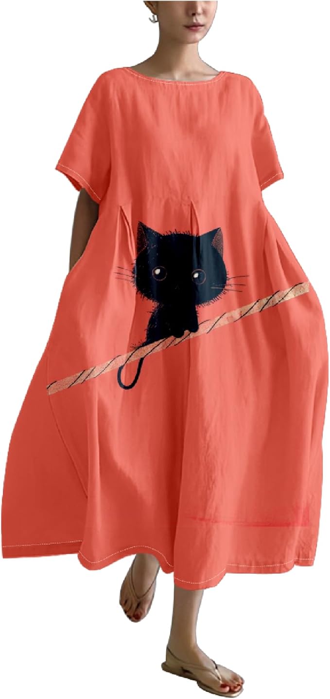 MARSVOVO Summer Dress for Women Funny Cat Graphic Cute Short Sleeve Maxi Dress Causal Plus Size Party Dress for Women