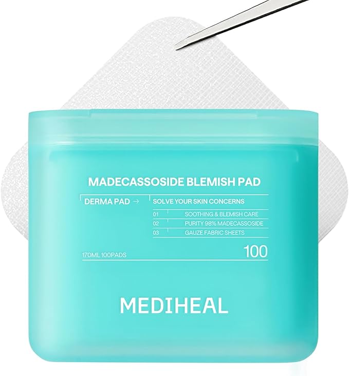 MEDIHEAL Madecassoside Blemish Pad - Square Cotton Facial Toner Pads with Centella Asiatica & Madecassoside – Anti Blemish to Improve Uneven Skin Tone - Vegan Face Gauze Pads, 100