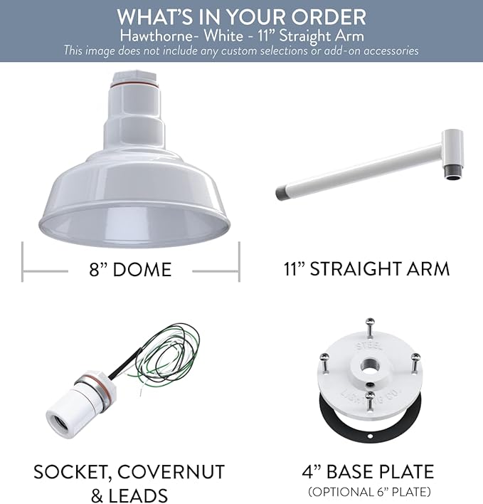 Steel Lighting Co. | Dusk to Dawn | Hawthorne Barn Light | Outdoor Wall Mounted | 8 in Dome | 11 inch Straight Arm| Small Farmhouse Light Made in America | White Exterior/White Interior