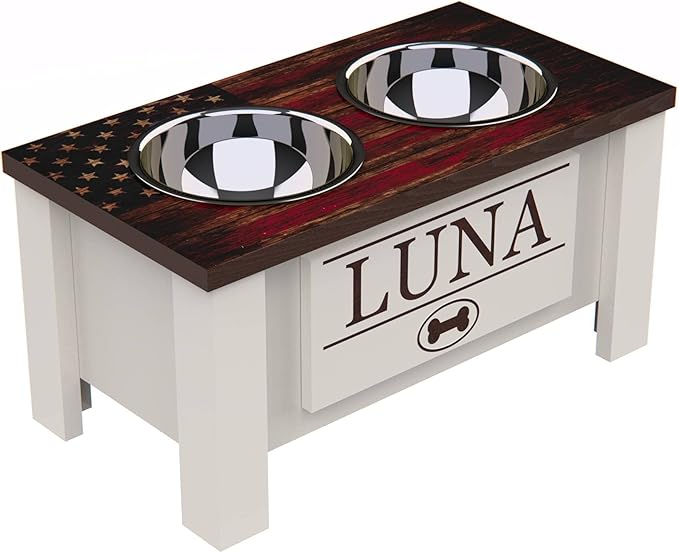 GTW Personalized Elevated Dog Bowl Stand for Large, Medium, Small, X-Small Dogs - Stainless Steel Food and Water Bowls - Raised Dog Dish with Internal Storage (Medium, Flag Design)