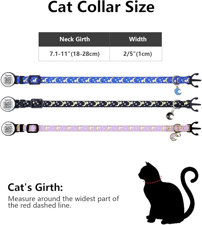 2PCS Breakaway Cat Collars with QR Code Bell Moons Stars Cute Kitty Adjustable Safe Kitten Collars with Pendant Glow in The Dark. Smart ID tag.Real-time scan alerts (Purple&Pink)