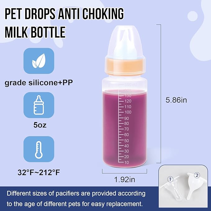 ASEVAT 5 oz 3PackPet Feeding Bottle, Anti-Choking Puppy Feeder Design,with 3pcs Replaceable and Reusable Silicone Nipples for Feeding Puppies, Kittens, Small Animals