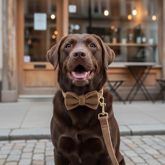 PETDURO Custom Dog Collar Personalized with Name Engraved Gold Metal Buckle for Large Medium Small Dogs - Dog Leash and Bow Tie Available - Soft Thick Velvet (Camel RG, M)