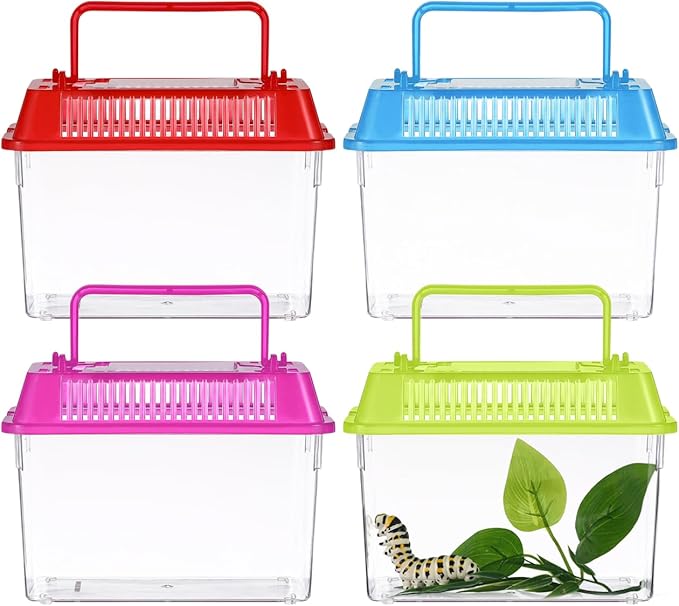 POPETPOP 4 Pcs Mini Fish Tank, Portable Transparent Critter Keeper with Handle, Small Terrarium for Fish Turtles Hermit Crabs Insects, Small Animals Travel Carrier Box (5.9×4.3×3.7 Inch)