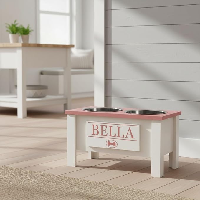 GTW Personalized Elevated Dog Bowl Stand for Large, Medium, Small, X-Small Dogs - Stainless Steel Food and Water Bowls - Raised Dog Dish with Internal Storage (Large, Magenta)
