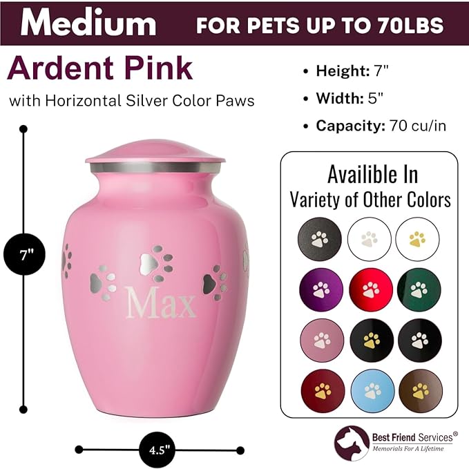 Pet Urn for Dogs and Cats with Personalized Laser Engraving, Ottillie Paws Premier Series Memorial Urns (Medium Ardent Pink with Horizontal Pewter Paws)