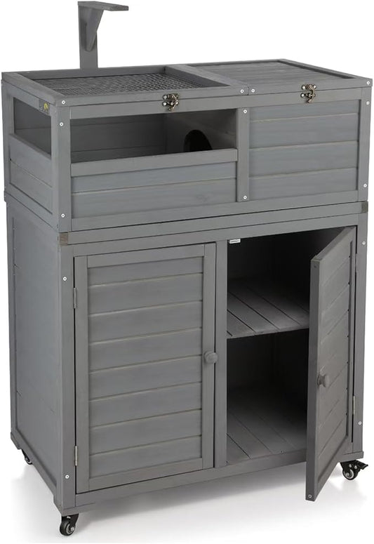 Tortoise Habitat with Storage and Wheels, Large Tortoise Enclosure with Lamp Holder, Indoor & Outdoor Tortoise House, Wooden Reptile Enclosure Small Animal Cage with for Gecko, Lizard, Snake