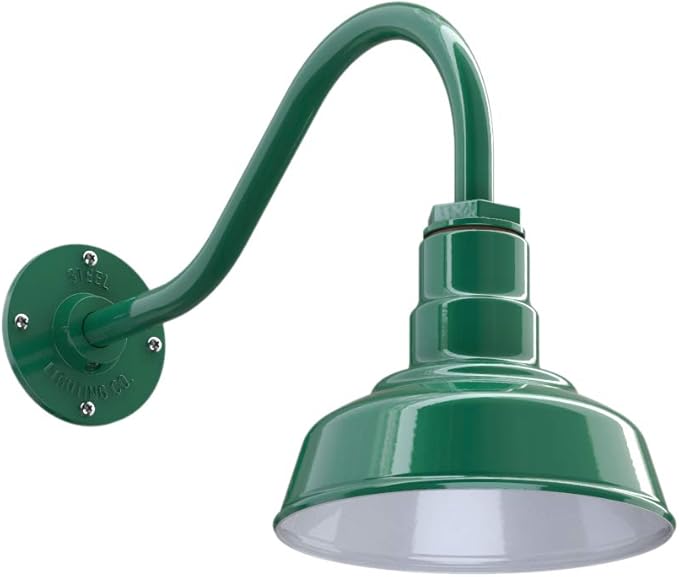 Steel Lighting Co. | Dusk to Dawn | Hawthorne Barn Light | Outdoor Wall Mounted | 8 in Dome | 16 inch Gooseneck| Small Farmhouse Light Made in America | Green Exterior/White Interior