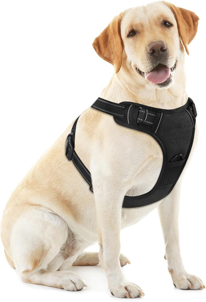 Adjustable Reflective Black No-Pull Dog Harness with 2 Leash Clips，Soft Padded Vest for Large Dog, Easy to Put on and Take Off, Black L