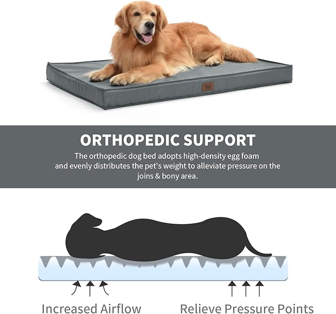 Outdoor Dog Bed for Small Dogs, Waterproof Dog Crate Bed for Medium Dogs Cats, Orthopedic Egg Crate Foam Pet Bed with Washable Removable Oxford Cover, Grey