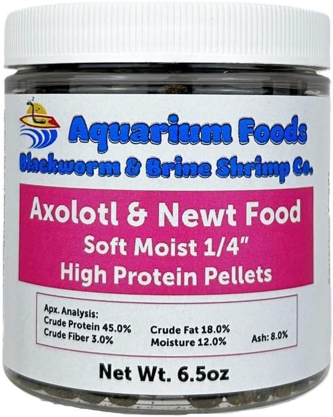 Aquatic Foods Inc. Axolotl Food 1/4" - 6mm Soft Moist Sinking Salmon Meal Pellets for Adult Axolotl, Aquatic Newts, Shrimp, Snails, Bottom Fish, All Tropical Fish…6.5oz Sm Round Jar