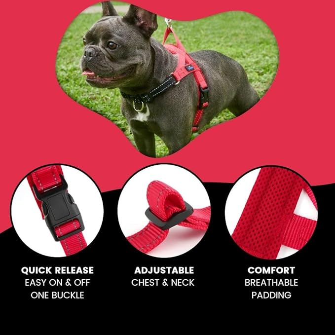 No Pull Dog Harness with Handle, Rear & Front Clip, Adjustable, Easy On/Off, Reflective, Lightweight & Mesh Padded, No Choke. for Small, Medium and Large Dogs (Red-Black, Large)