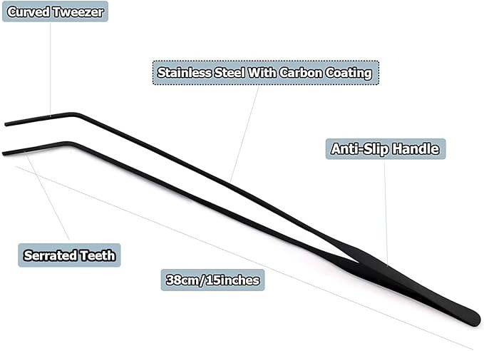 G.S 15" Aquarium Tweezers, Stainless Steel Long Tweezers for Aquarium, Anti-rust Carbonation Coating, Curved Forceps Nippers, Perfect for Planting in Fish Tank Reef Tank Terrarium.