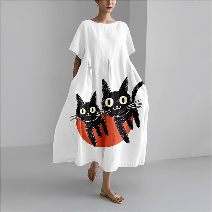 MARSVOVO Summer Dress for Women Funny Cat Graphic Cute Short Sleeve Maxi Dress Causal Plus Size Party Dress for Women
