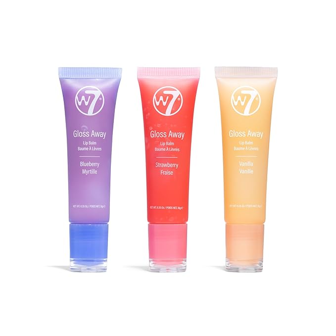 W7 Gloss Away Trio - Hydrating Lip Balm Gift Set with Shea Butter & Fruit Extracts - Restores Chapped & Dry Lips - Vegan & Cruelty-Free - Blueberry, Vanilla, Strawberry