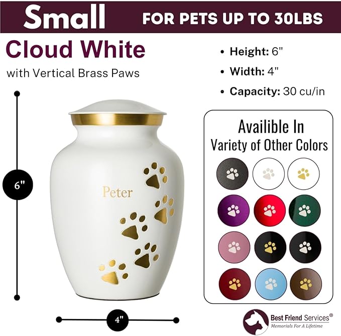 Pet Urn for Dogs and Cats with Personalized Laser Engraving, Ottillie Paws Premier Series Memorial Urns (Small Cloud White with Vertical Brass Paws)