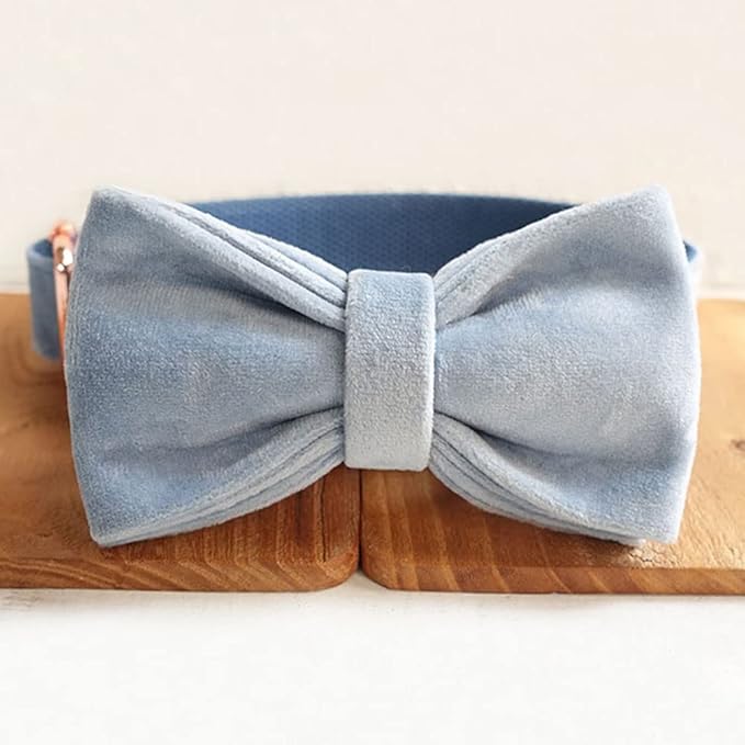 PETDURO Personalized Dog Collar Dusty Blue Soft Velvet for Large Medium Small Boy Girl Dogs - Custom Collar with Name Phone Engraved on Rose Gold Metal Buckle - Add Leash Bow Set via Customize Now
