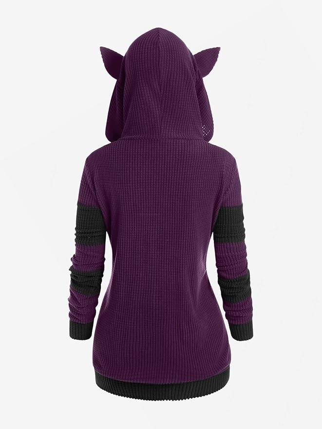 ROSE GAL Rosegal Women Plus Size Cat Ear Ribbed Hooded Blouson Jacket Animal Ear Two Tone Cute Hoodie