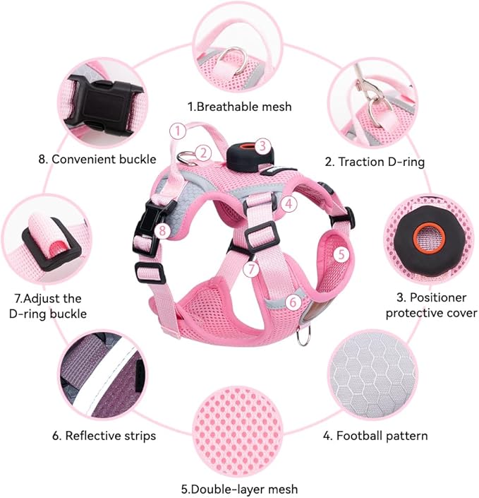 Cat Harness and Leash Set with AirTag Holder: Upgraded Escape Proof Vest with Lead for Small Dog Puppy Large Cat Walking，Soft Breathable Mesh Coat with Reflective Strip (Pink, XL)