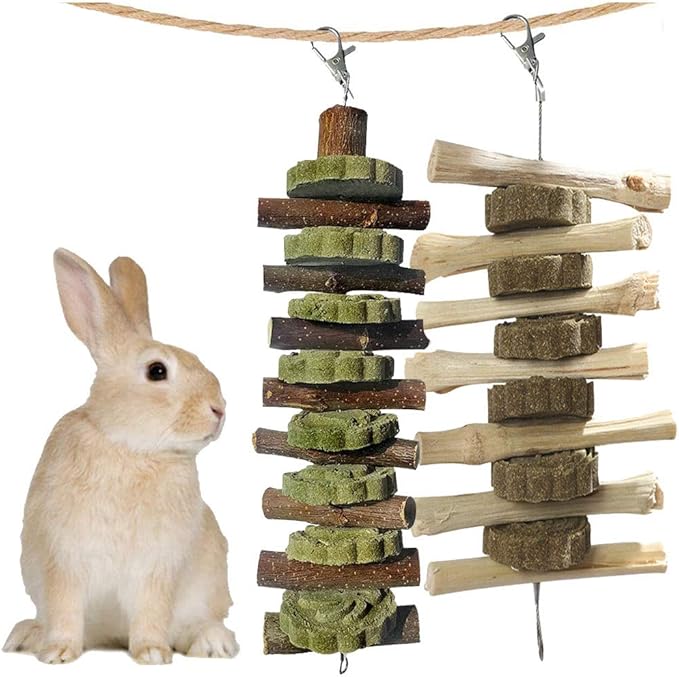 kathson Guinea Pig Treats Bunny Chew Toys for Teeth Grinding, Organic Fruit Wood and Bamboo Sticks Natural Rabbit Enrichment Toys for Small Animals Hamster Chinchilla 2 Pack