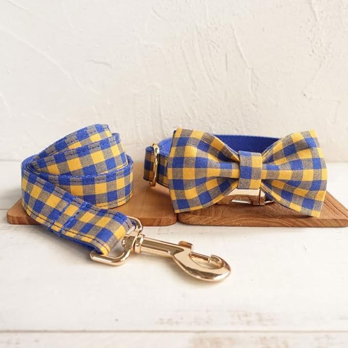 PETDURO Personalized Checkered Plaid Dog Collar Blue Yellow - Engraved Name and Phone Number on Gold Metal Buckle - Custom for Small Medium Large Boy Girl Dogs - Add Leash Bow Tie via Customize Now