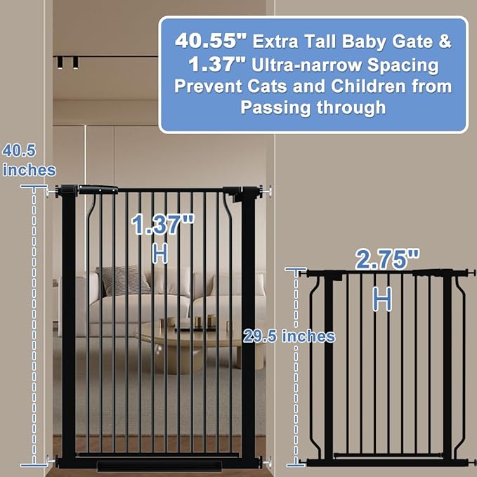 40.55" Extra Tall Baby Gate for Stairs-40.6"-54.7" Wide 1.37" Ultra Narrow Spacing Extra Wide Pet Cat Gate Dog Gate-Auto-Close Pressure Mounted Dog Door for Pets and Kids,Black