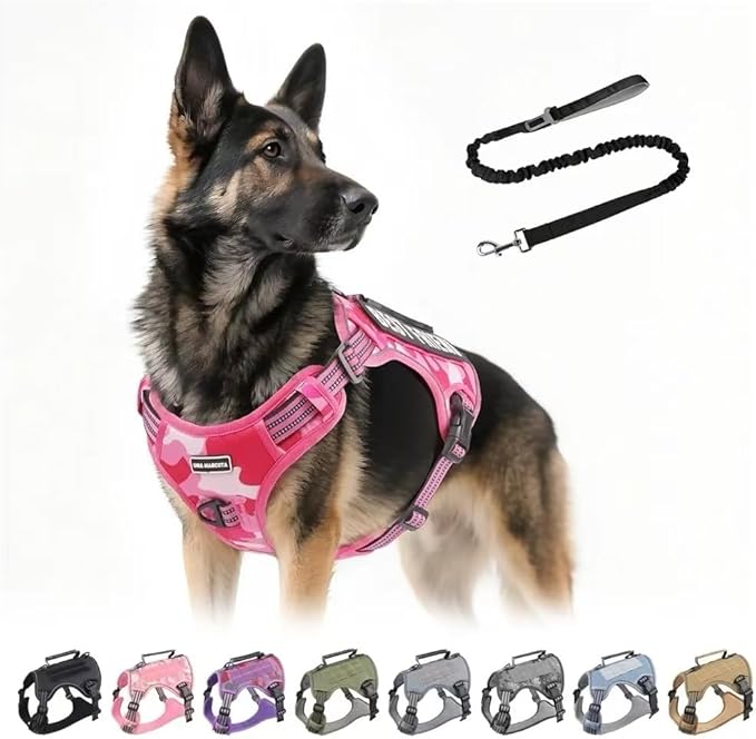Tactical Dog Harness with Leash for Large Dogs, No Pull Adjustable Dog Harness, Reflective K9 Working Pet Vest for Walking, Training (Fuchsia Camo, L)