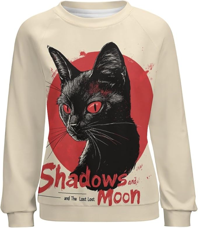 Halloween Sweatshirts for Women Black Cat Print Pullover Crewneck Oversized 2024 Fall Fashion Casual Warm Shirt