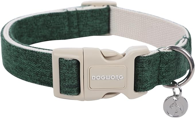 DOGWONG Cotton Hemp Dog Collar - Heavy-Duty Adjustable Soft Natural Fabric Pet Collar for Christmas, Holiday - Cute Puppy Necklace for Small Medium Large Dogs (Green)