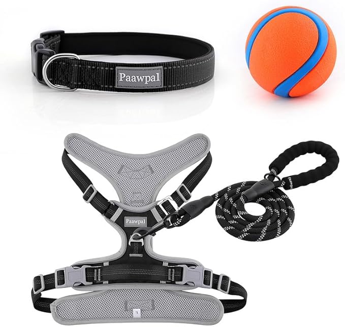 Adjustable Dog Harness - No Pull, Reflective, Soft Padded for Small, Medium, Large Dogs - Includes Leash and Collar Black S