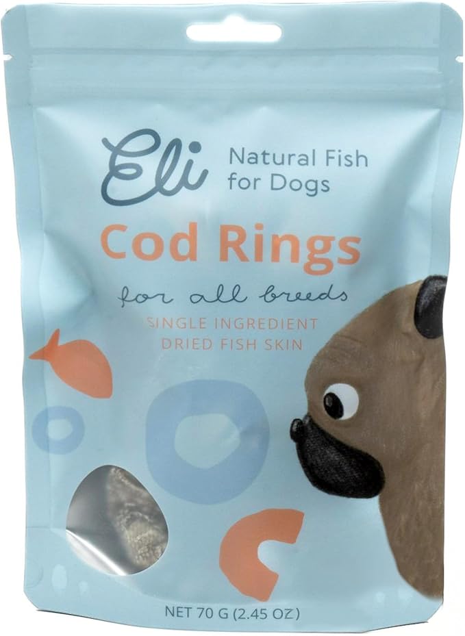 Eli Cod Skin Rings – A Natural, Protein-Rich Dog Treat Made from Crunchy Cod Skin Loops, High in Omega-3, Ideal as a Longer-Lasting Reward, Single Ingredient, Grain Free, Air Dried – 2.45oz